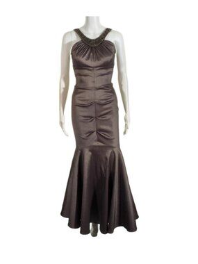 Cache Evening Gown Size 2  Sleeveless Rouched Beaded Bronze Slit Mermaid